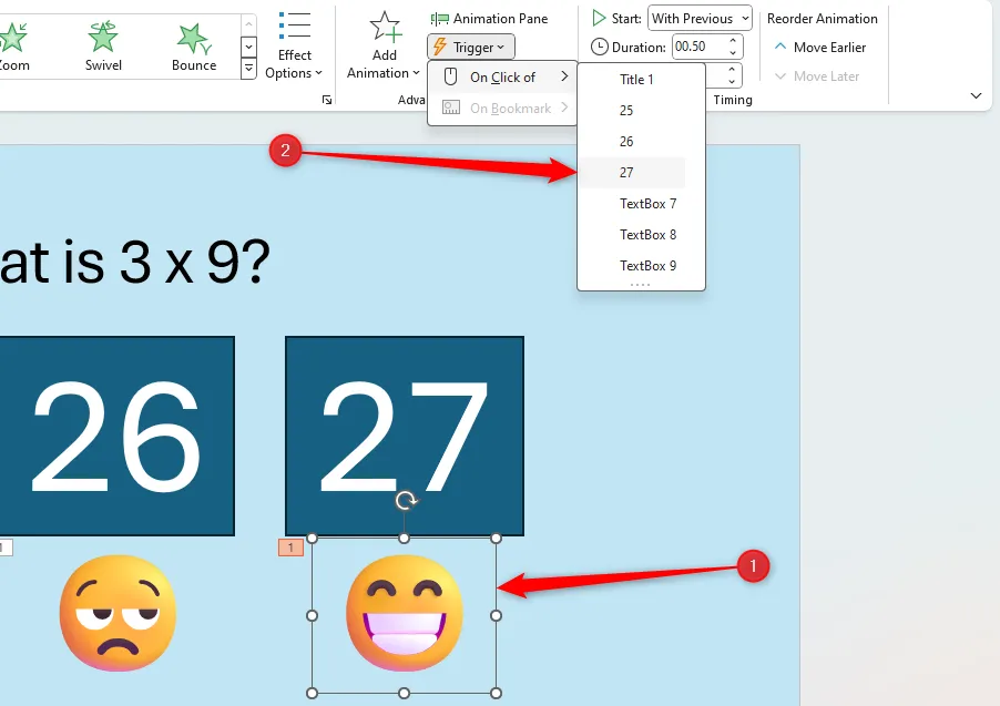 Slide PowerPoint với một đối tượng được chọn và một đối tượng kích hoạt (trigger) đang được lựa chọn trong menu thả xuống 'Kích hoạt' (Trigger).