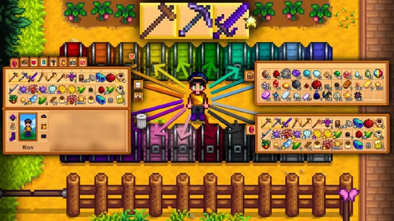 Sơ đồ mô tả người nông dân Stardew Valley cất nhiều vật phẩm vào nhiều rương cùng lúc với Convenient Inventory mod.