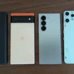 So sánh kích thước Galaxy Z Fold 6 (thứ ba từ trái) với Moto Edge+ 2023, Google Pixel 6 và CMF Phone 2 Pro, cho thấy sự nhỏ gọn của Z Fold 6 khi gập