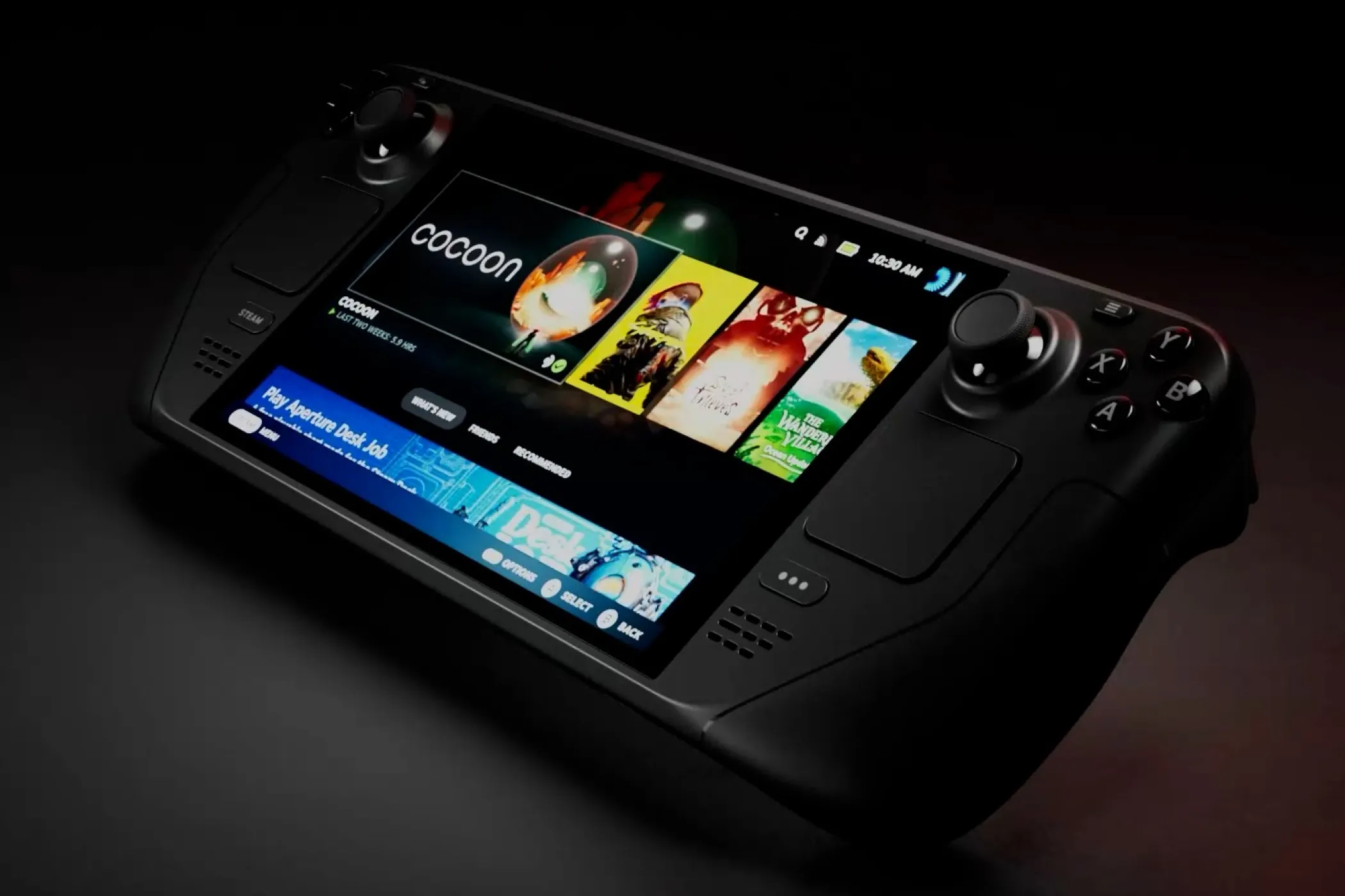 Steam Deck OLED với màn hình được lấy nét, minh họa thiết bị chơi game cầm tay và các yếu tố ảnh hưởng đến pin, hiệu năng.