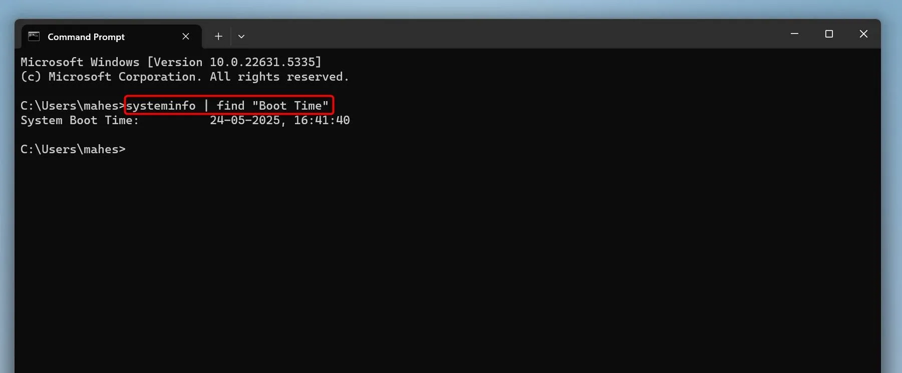 Sử dụng Command Prompt với lệnh systeminfo để kiểm tra thời gian khởi động lại cuối cùng của máy tính