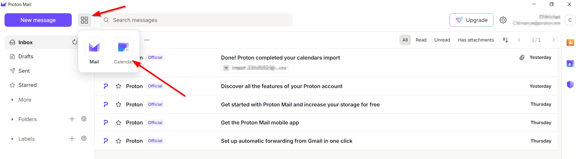 Tab &quot;Lịch&quot; trong ứng dụng Proton Calendar trên Windows