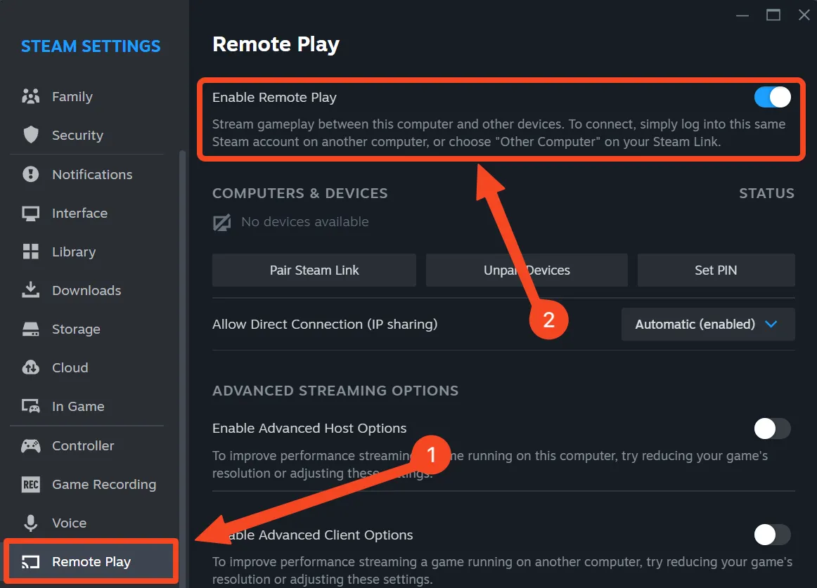 Tab &quot;Remote Play&quot; trong cài đặt Steam, với tùy chọn &quot;Enable Remote Play&quot; được bật để kích hoạt tính năng phát game trực tiếp.