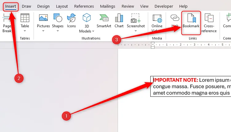 Tài liệu Word với con trỏ đặt tại vị trí quan trọng và nút Bookmark được chọn.