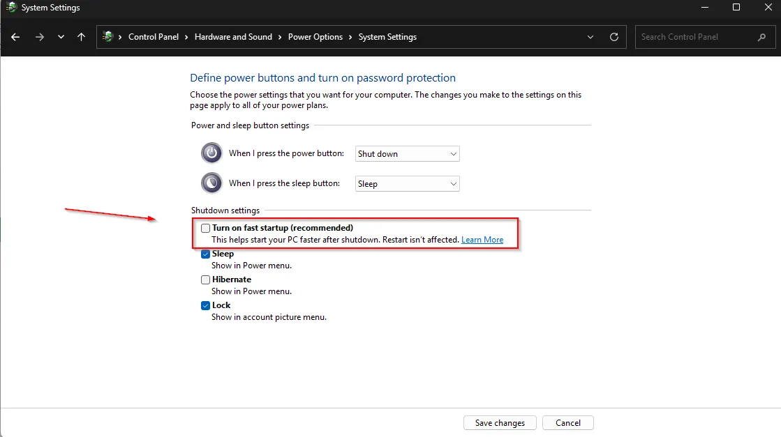 Tắt tính năng Khởi động nhanh trong Tùy chọn Nguồn của Windows 11