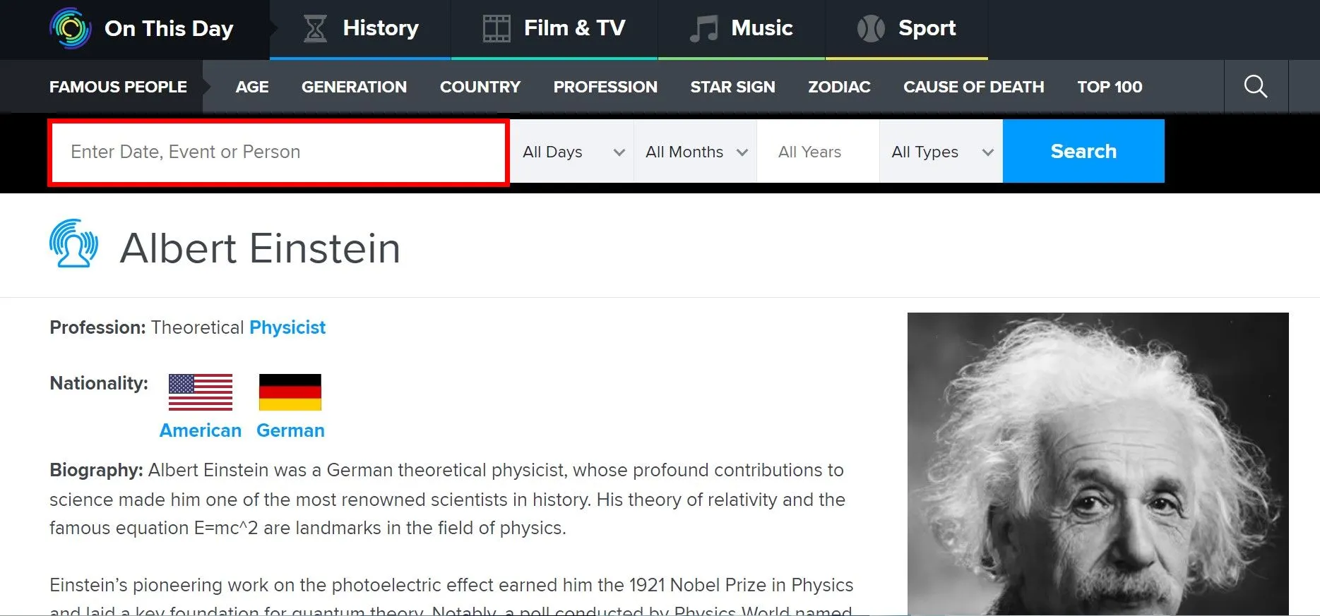Thanh tìm kiếm trên On This Day với kết quả tìm kiếm các dấu mốc liên quan đến Albert Einstein