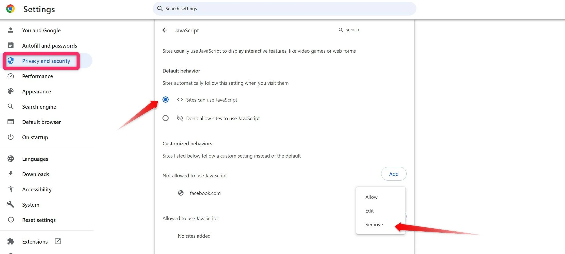Thay đổi cài đặt JavaScript trong Chrome để bật hiển thị hình ảnh