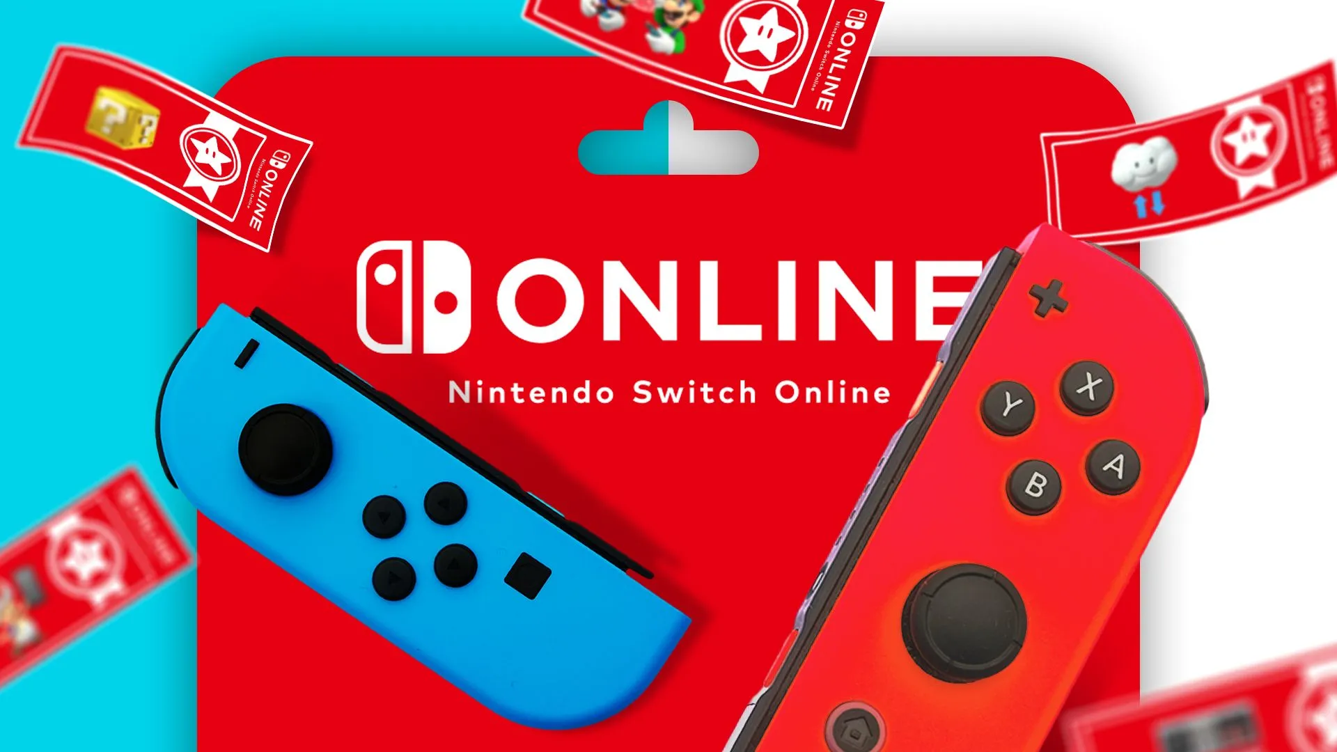 Thẻ quà tặng Nintendo Online cùng phiếu giảm giá và hai tay cầm Joy-Con ở trung tâm, minh họa ưu đãi độc quyền từ Nintendo Switch Online.