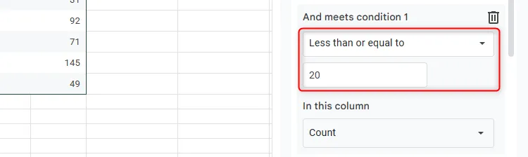 Thêm điều kiện mới vào quy tắc thông báo Google Sheets: gửi email khi giá trị trong ô thấp hơn hoặc bằng 20.