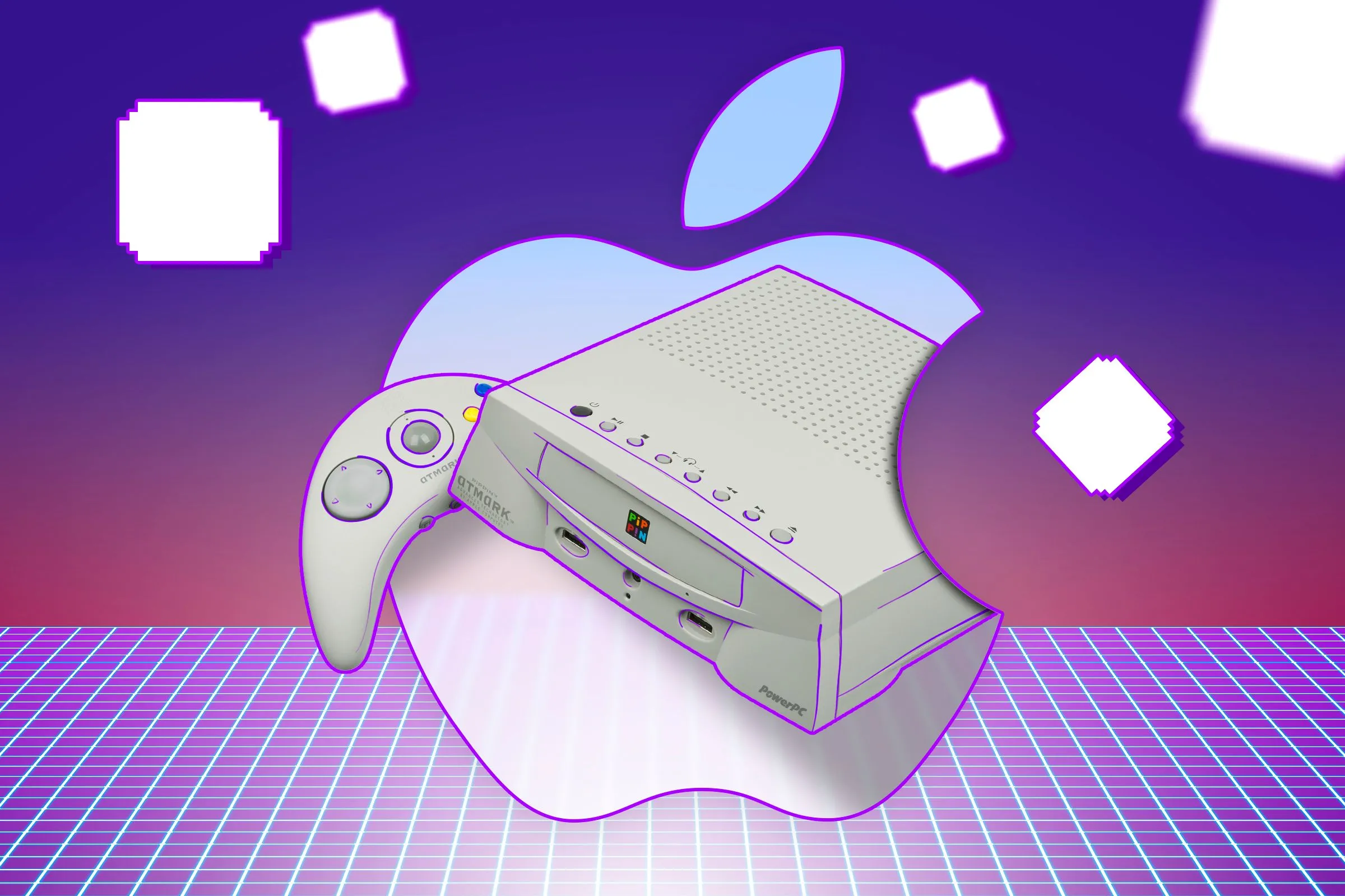 Thiết bị chơi game Apple Pippin trên nền retro