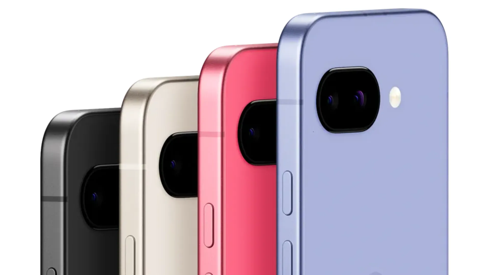 Thiết kế và các tùy chọn màu sắc của điện thoại Google Pixel 9a trên nền trắng, nổi bật vẻ đẹp hiện đại và đa dạng.