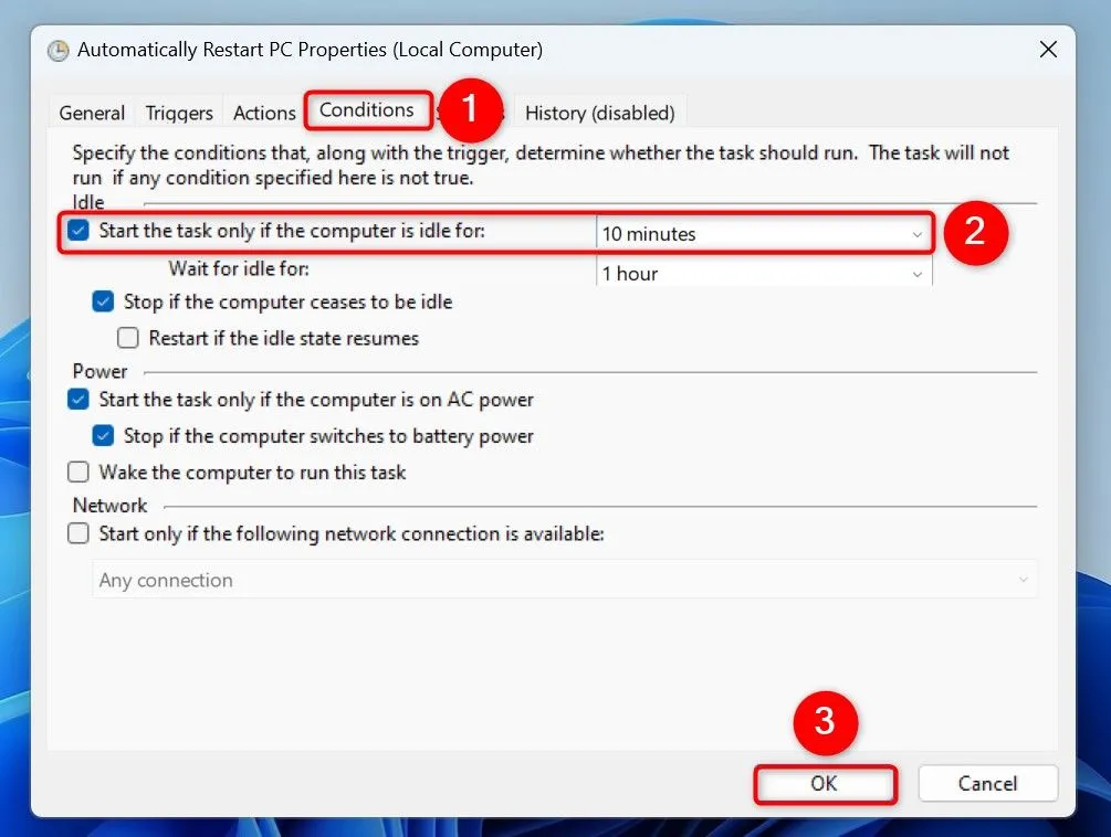 Thiết lập điều kiện để tác vụ tự động khởi động lại chỉ chạy khi PC ở trạng thái nhàn rỗi