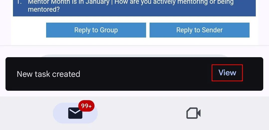 Thông báo &quot;New task created. View&quot; xuất hiện dưới cùng màn hình ứng dụng Gmail sau khi tạo tác vụ.