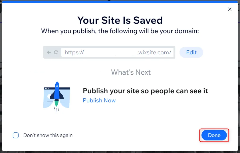 Thông báo xác nhận website đã được lưu thành công trên Wix