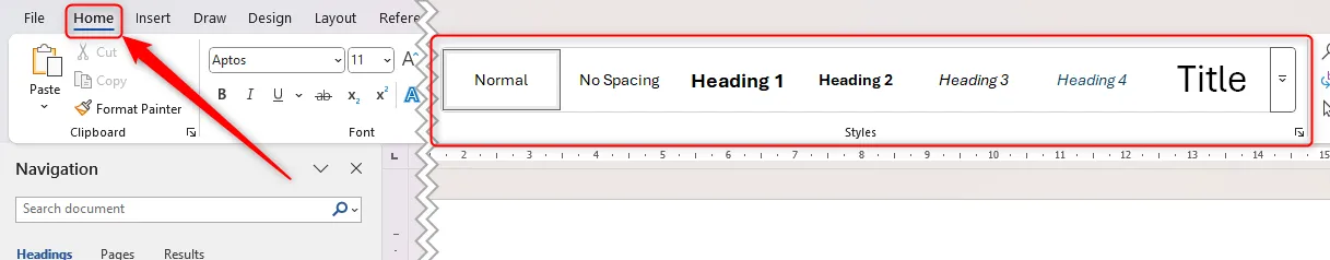 Thư viện Style Gallery trong tab Home của Microsoft Word hiển thị các kiểu định dạng có sẵn.