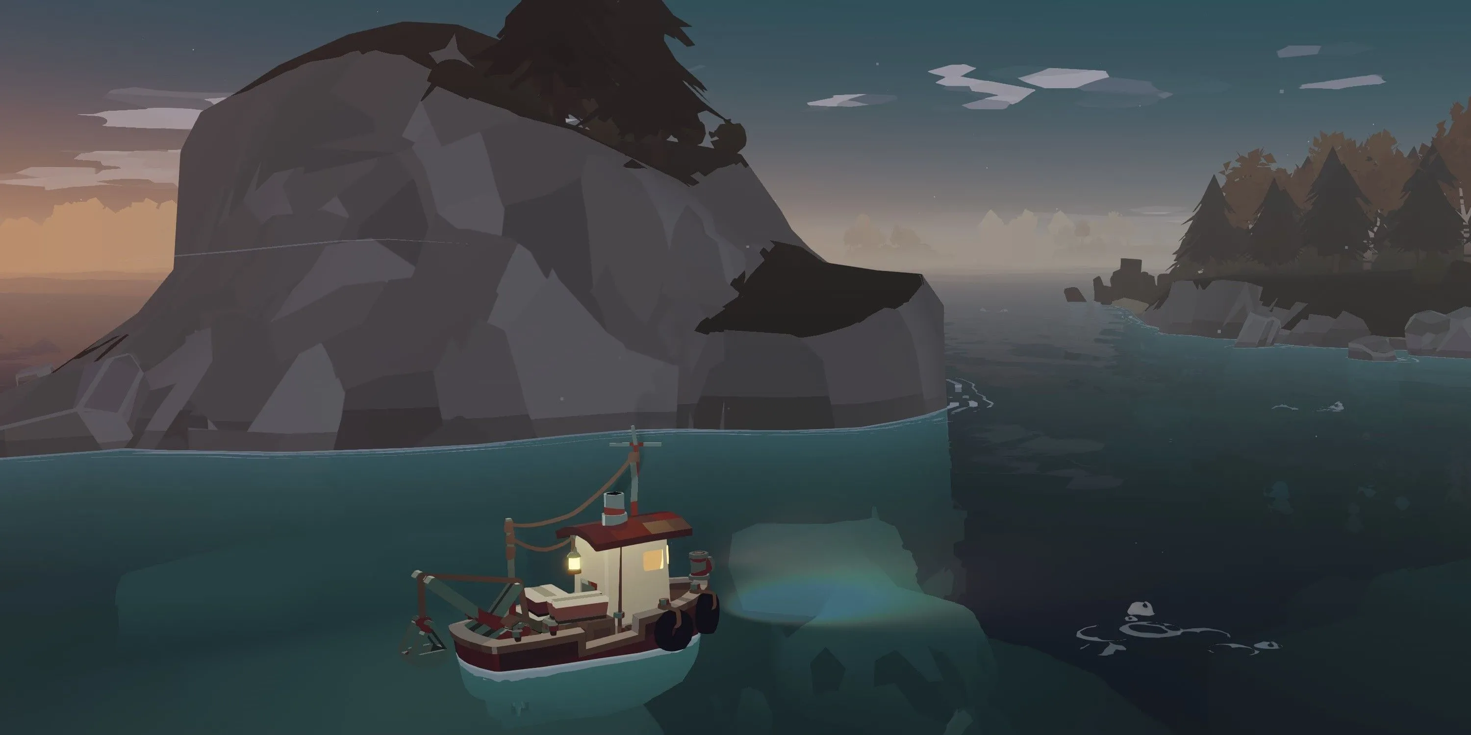 Thuyền đánh cá trên biển vào buổi hoàng hôn, một cảnh tượng đặc trưng trong game Dredge