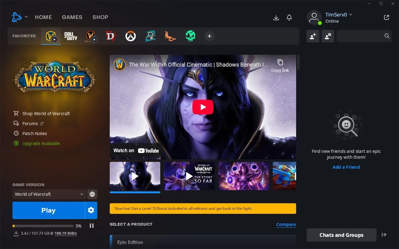 Tiến trình tải game World of Warcraft với dung lượng yêu cầu trên Battle.net