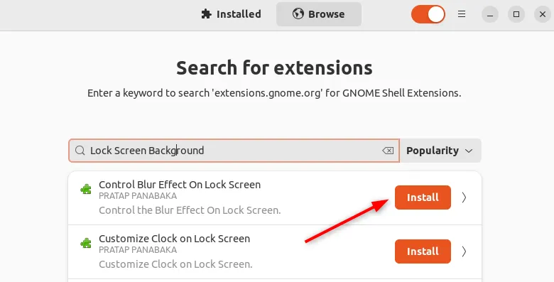 Tìm kiếm tiện ích mở rộng Lock Screen Blur Effect trên Trình quản lý Tiện ích GNOME trong Ubuntu.