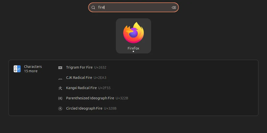 Tìm kiếm ứng dụng Firefox trong menu tìm kiếm của GNOME trên Ubuntu.
