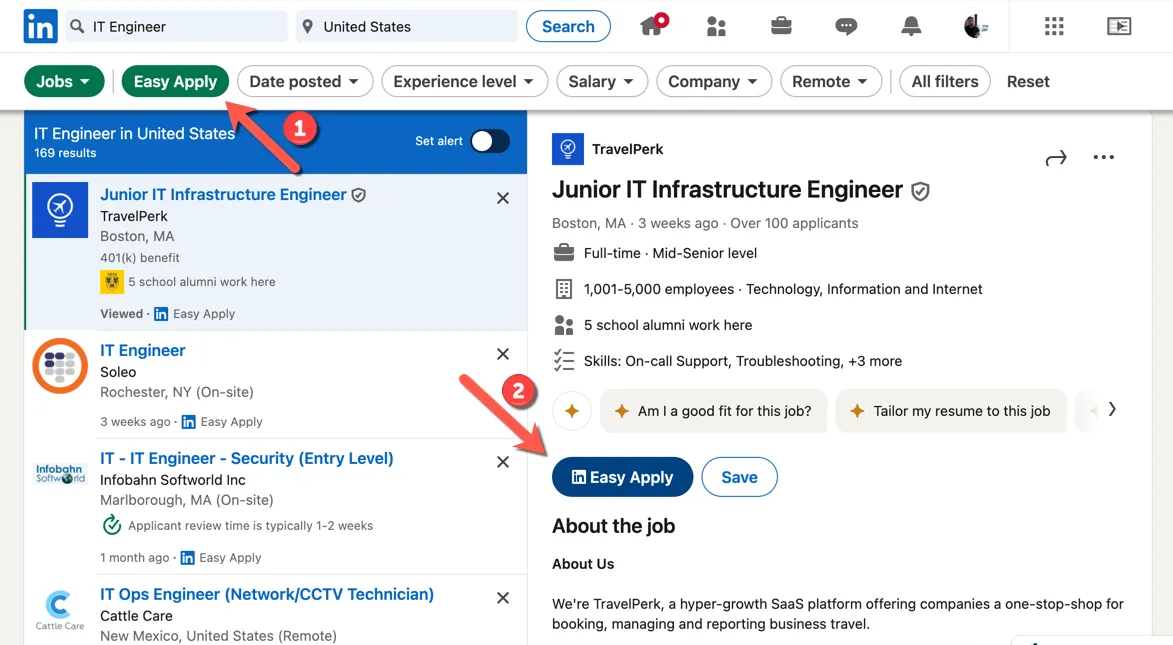Tìm kiếm việc làm trên LinkedIn với bộ lọc &quot;Easy Apply&quot; và nút ứng tuyển nhanh.