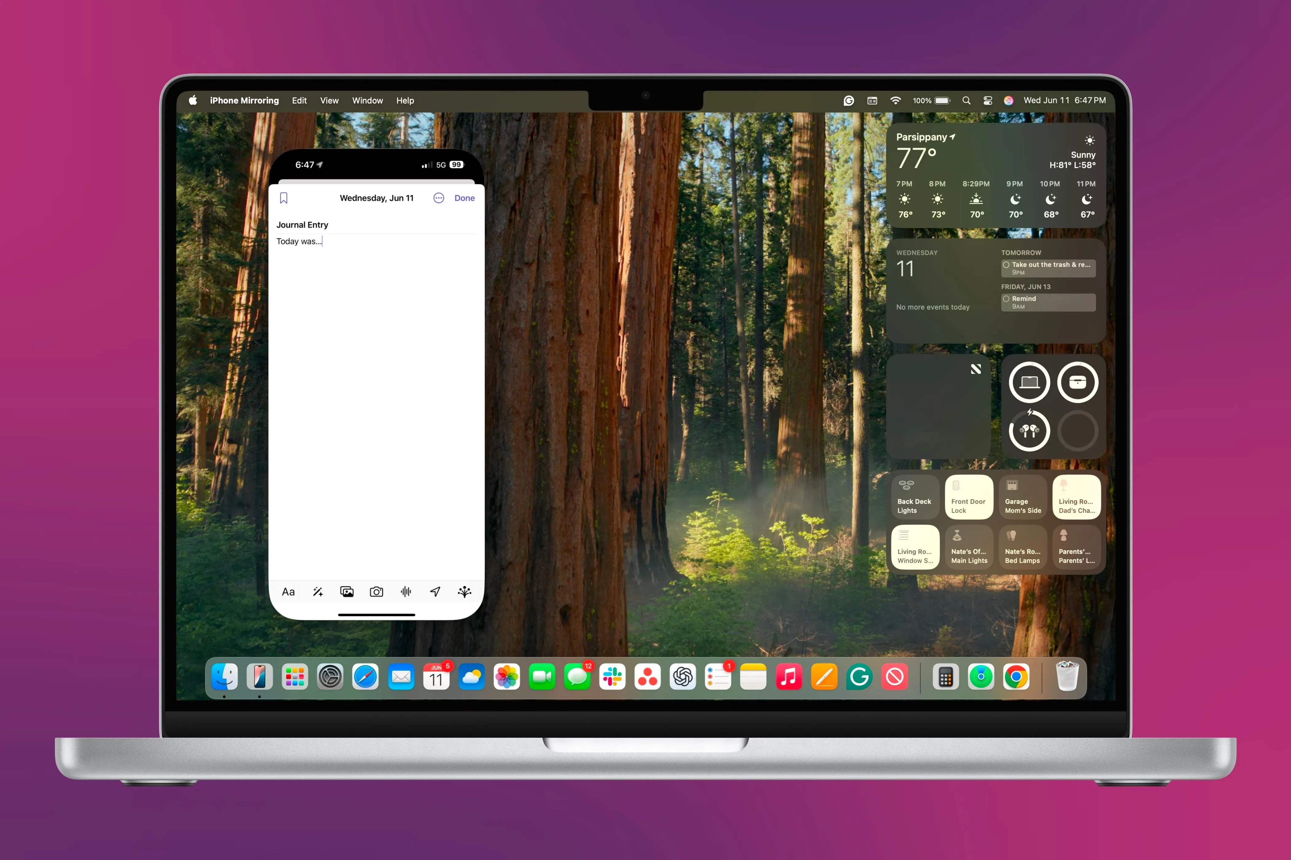Tính năng phản chiếu iPhone Mirroring hiển thị ứng dụng Journal trên màn hình Mac, cho phép người dùng nhập liệu bằng bàn phím Mac.