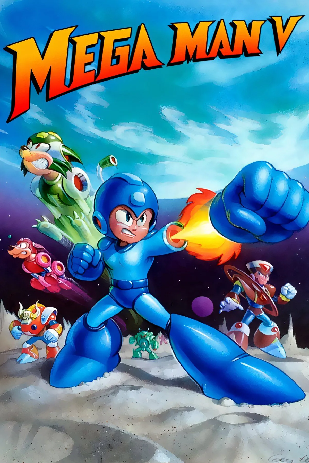 Tổng hợp các pha hành động của Mega Man trong Mega Man V trên Game Boy, với các Robot Master và gameplay bắn súng platformer
