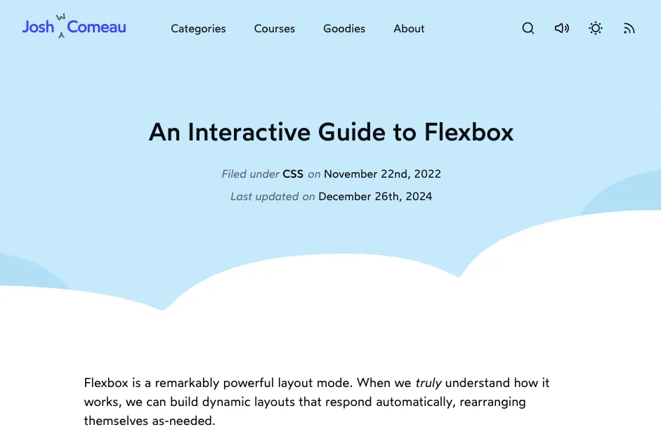 Trang An Interactive Guide to Flexbox của Josh W. Comeau giải thích Flexbox là chế độ bố cục mạnh mẽ để tạo layout động, hỗ trợ học Flexbox tương tác.