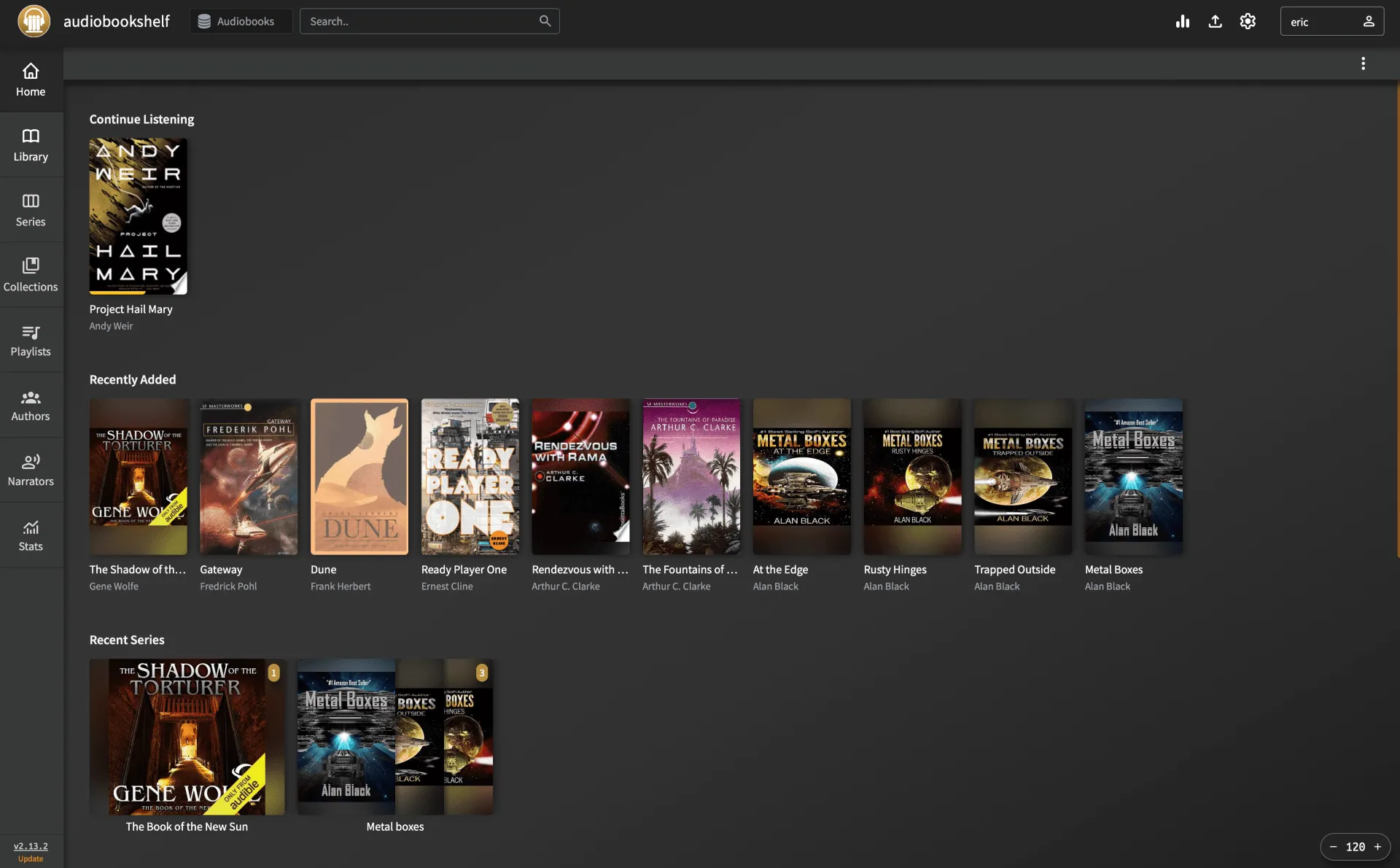 Trang chủ của Audiobookshelf hiển thị một cuốn sách nói đang nghe dở và các đầu sách khác, một dịch vụ tự host.