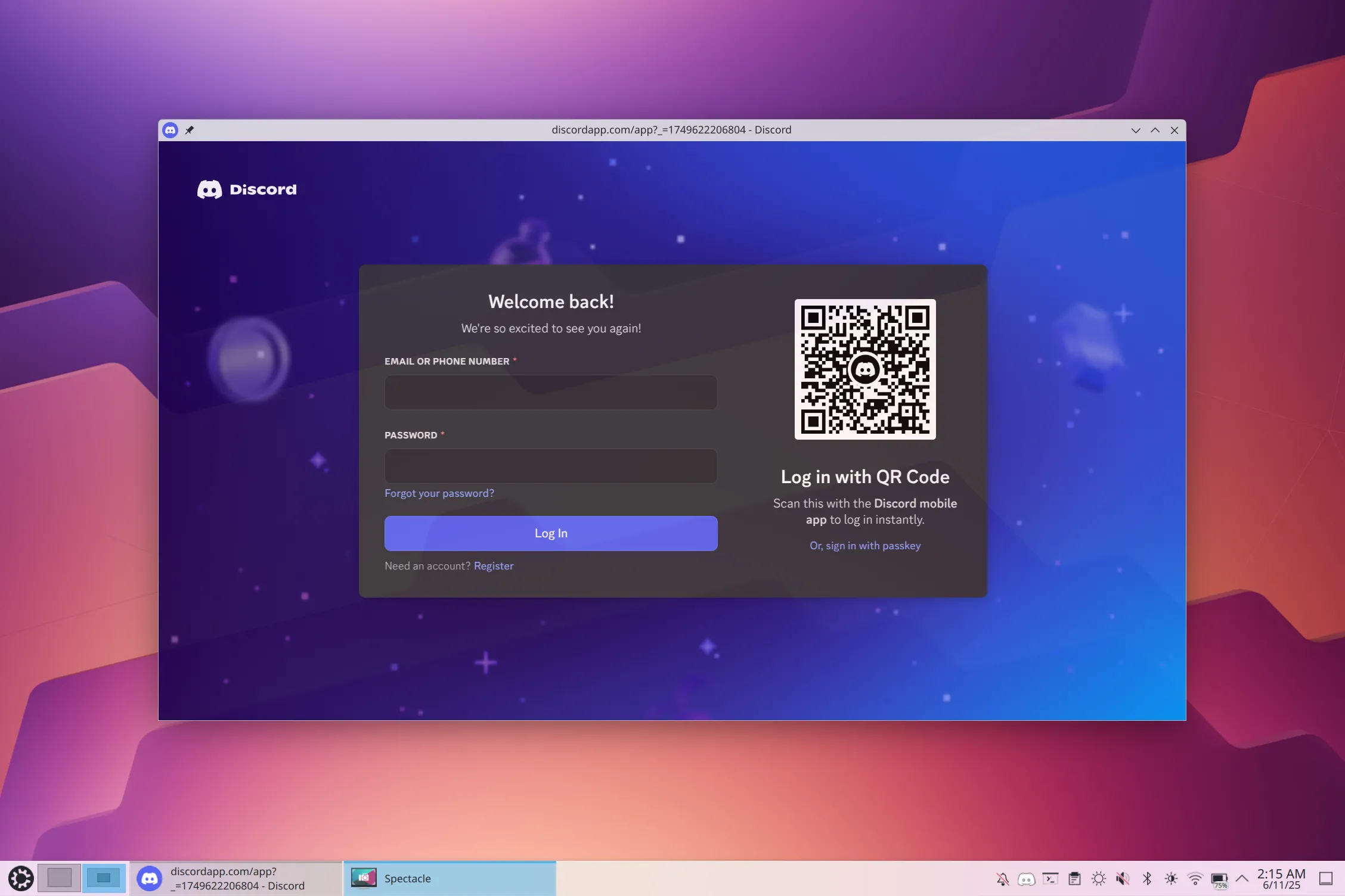 Trang đăng nhập Discord trên Kubuntu, với tùy chọn quét mã QR hoặc nhập email/mật khẩu để truy cập.