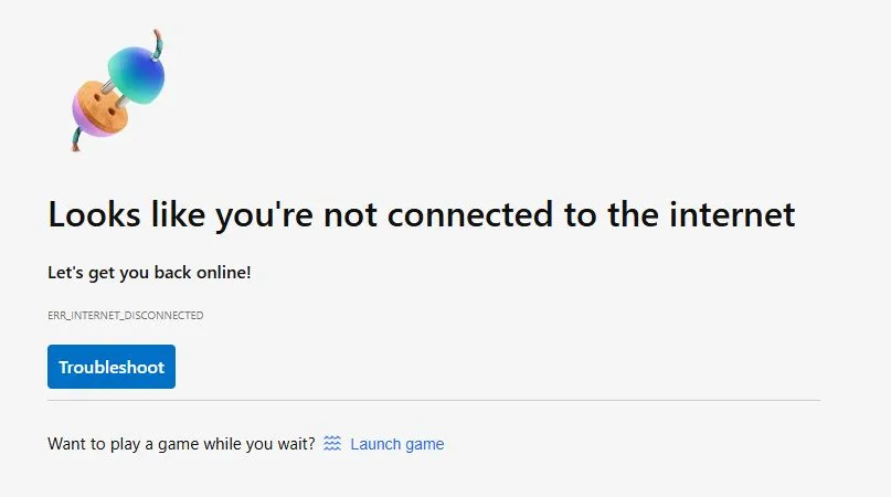 Trang lỗi &quot;Không có kết nối Internet&quot; trên trình duyệt Microsoft Edge hiển thị tùy chọn &quot;Khởi chạy Trò chơi&quot;