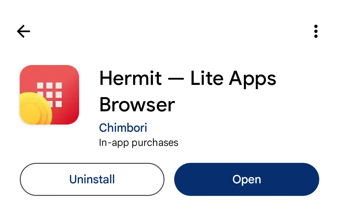 Trang ứng dụng Hermit – Lite Apps Browser trên Google Play Store, cho phép người dùng tải về để biến website thành ứng dụng.