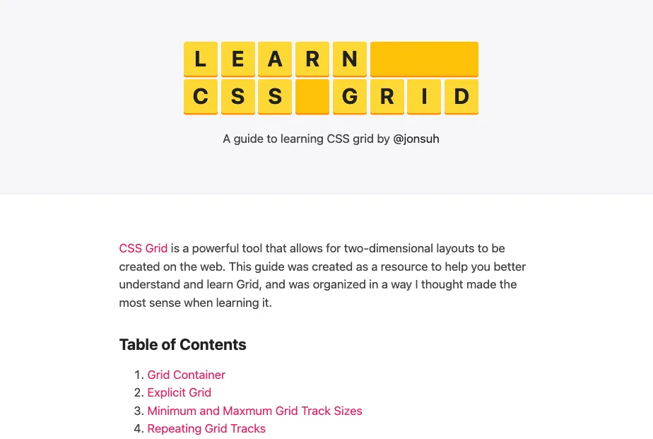 Trang web Learn CSS Grid hiển thị mục lục các phần về Grid Container và Explicit Grid, tài liệu học CSS Grid chuyên sâu.