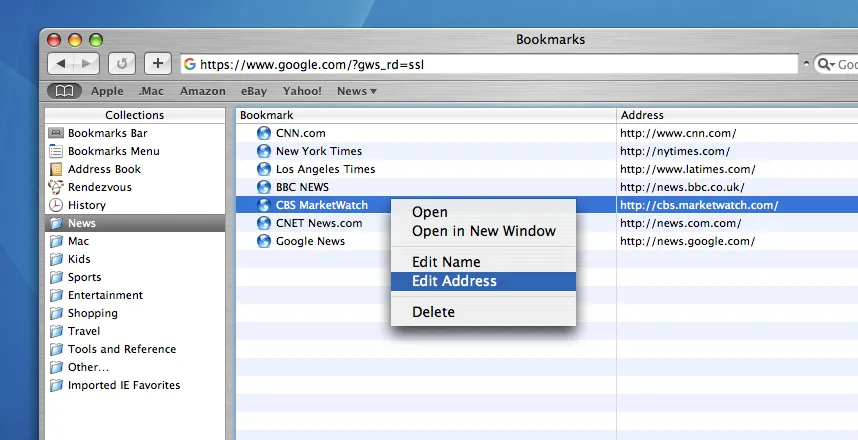 Trình quản lý dấu trang (Bookmarks Manager) của Safari 1.0 với các trang web nổi tiếng đầu những năm 2000.