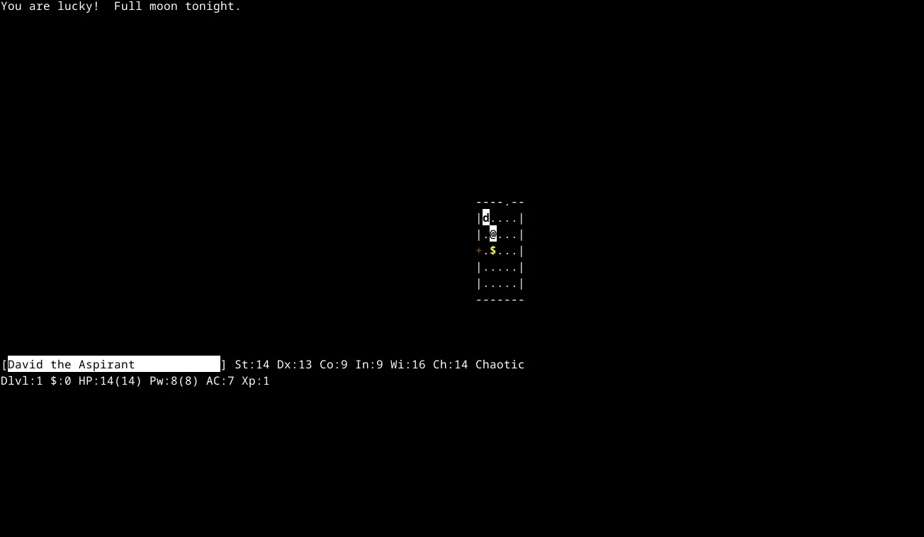 Trò chơi NetHack đang chạy trong cửa sổ terminal của Linux với đồ họa ASCII
