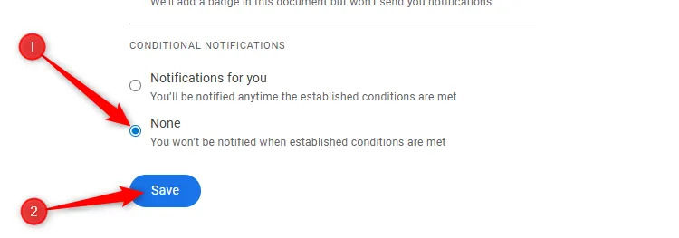 Trong cài đặt thông báo Gmail, tùy chọn &quot;None&quot; được chọn cho phần &quot;Conditional Notifications&quot; để ngừng nhận email.