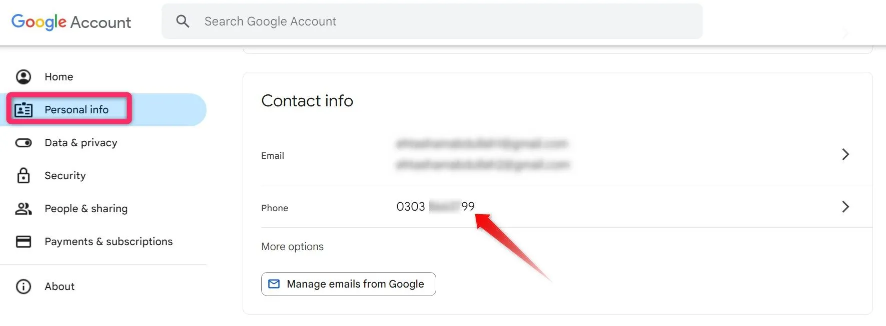 Truy cập số điện thoại hiện tại để chỉnh sửa hoặc xóa trong cài đặt Google