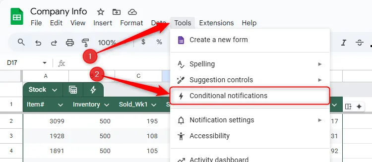 Tùy chọn &quot;Conditional Notifications&quot; được chọn trong menu &quot;Tools&quot; của Google Sheets.