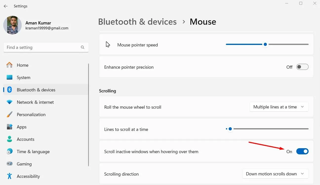 Tùy chọn "Cuộn cửa sổ không hoạt động khi di chuột qua" trong cài đặt Chuột trên Windows 11.