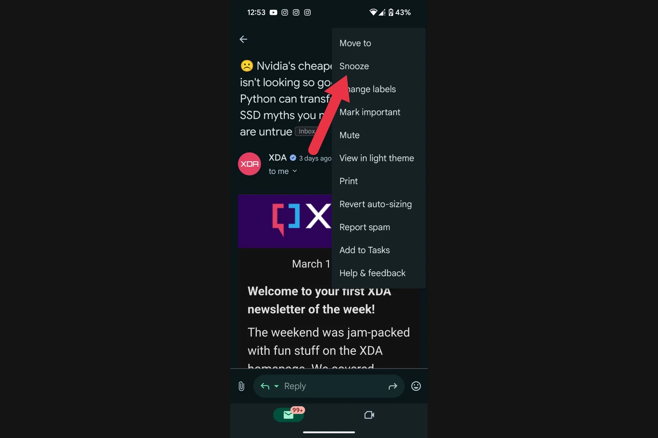 Tùy chọn hoãn email trong menu ngữ cảnh của Gmail