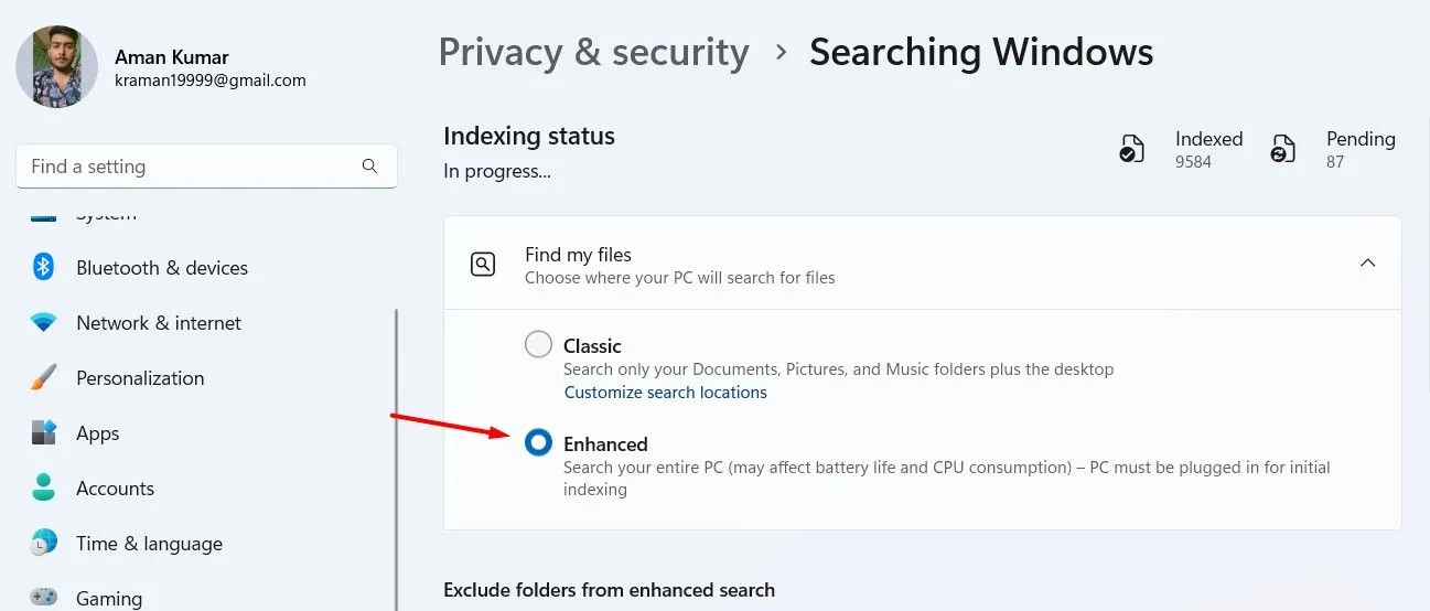 Tùy chọn &quot;Nâng cao&quot; trong cài đặt Tìm kiếm Windows, cho phép tìm kiếm toàn bộ máy tính.