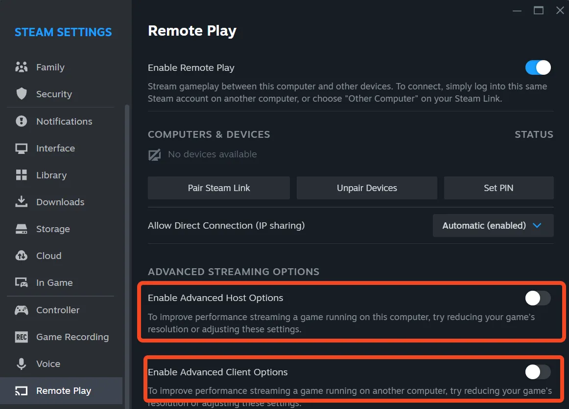 Tùy chọn nâng cao trong Steam Remote Play, cho phép điều chỉnh chất lượng stream và băng thông tối đa để tối ưu trải nghiệm.