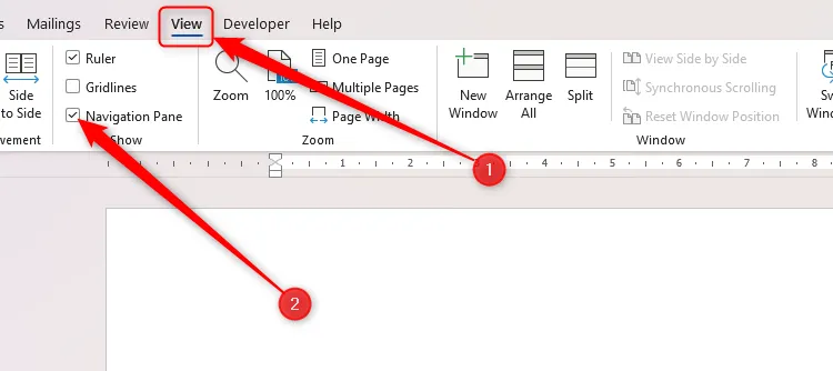 Tùy chọn Navigation Pane trong tab View của Microsoft Word đã được chọn.