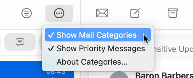 Tùy chọn tắt tính năng hiển thị danh mục email trong Apple Mail trên máy Mac thông qua menu View.