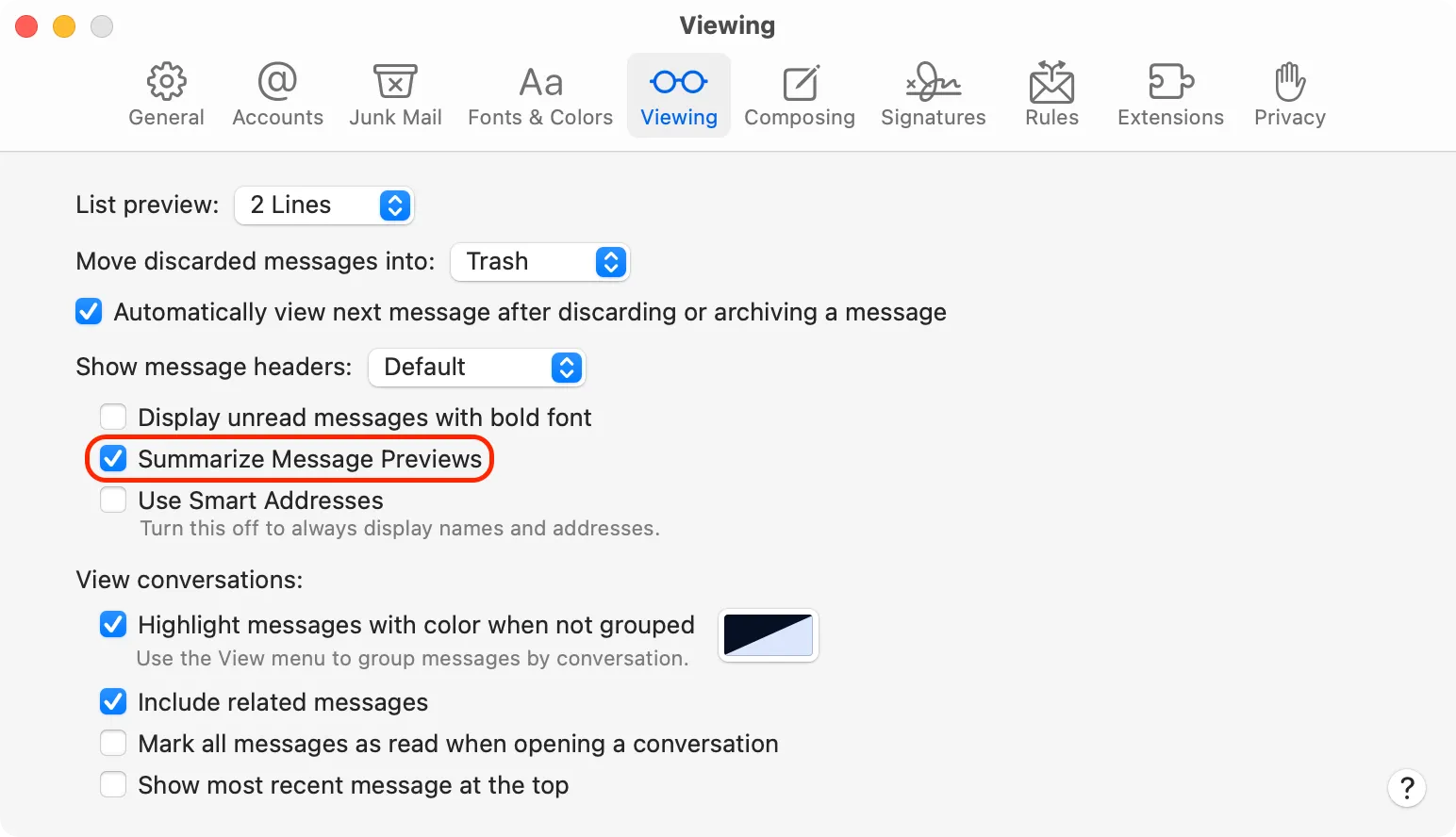 Tùy chọn tắt tính năng tóm tắt nội dung tin nhắn trong cài đặt Xem của ứng dụng Mail trên máy Mac.