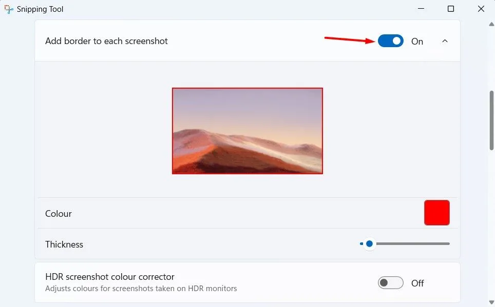 Tùy chọn &quot;Thêm viền vào mỗi ảnh chụp màn hình&quot; trong cài đặt của Snipping Tool trên Windows 11.