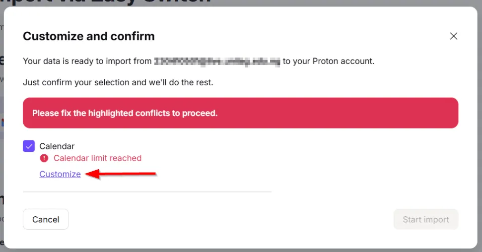 Tùy chọn &quot;Tùy chỉnh&quot; để chọn các lịch Outlook cụ thể cần nhập vào Proton
