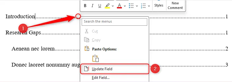 Tùy chọn Update Field trên mục lục trong Microsoft Word để cập nhật nội dung.