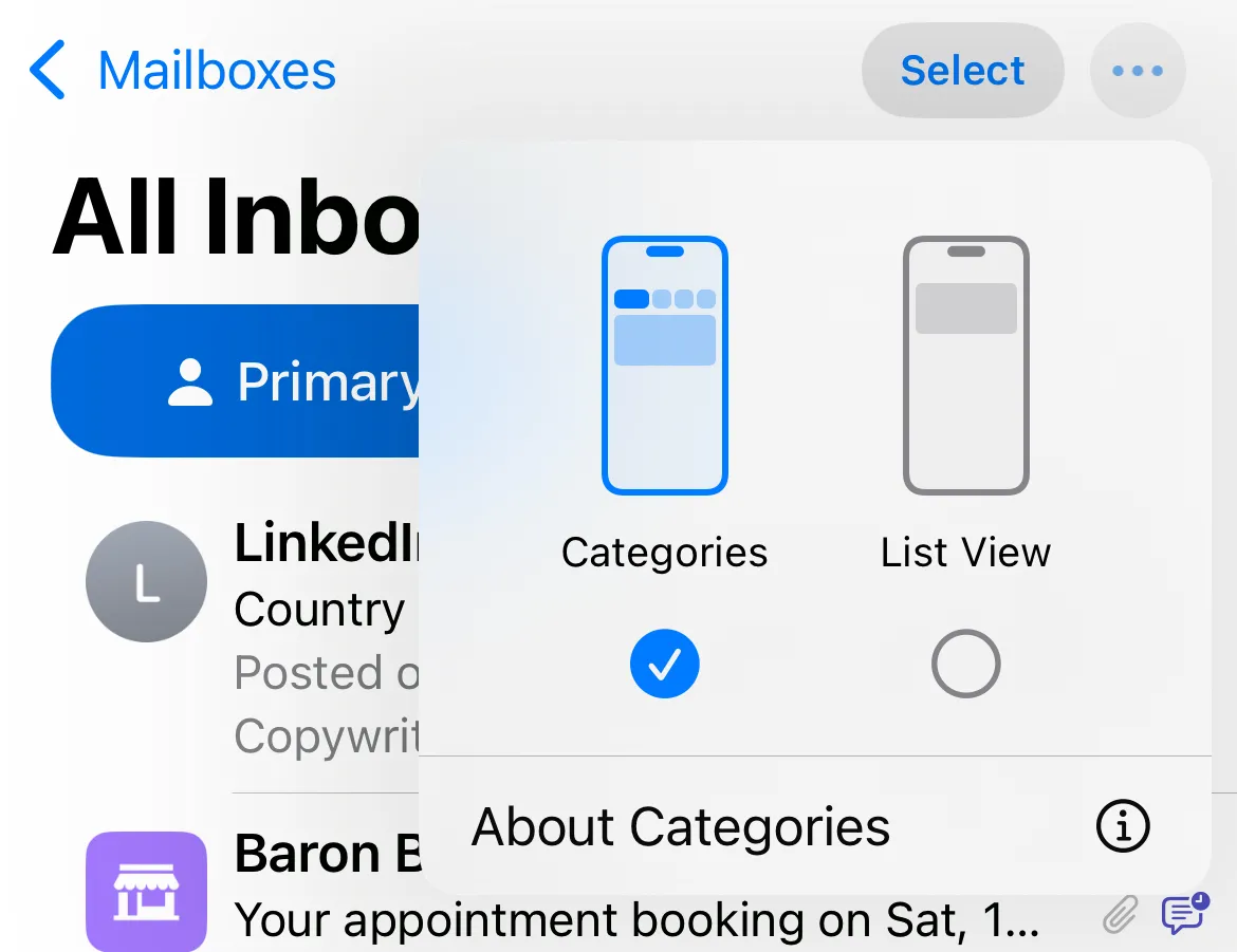Tùy chọn vô hiệu hóa tính năng phân loại email trong Apple Mail trên iPhone bằng cách chuyển sang Chế độ danh sách.