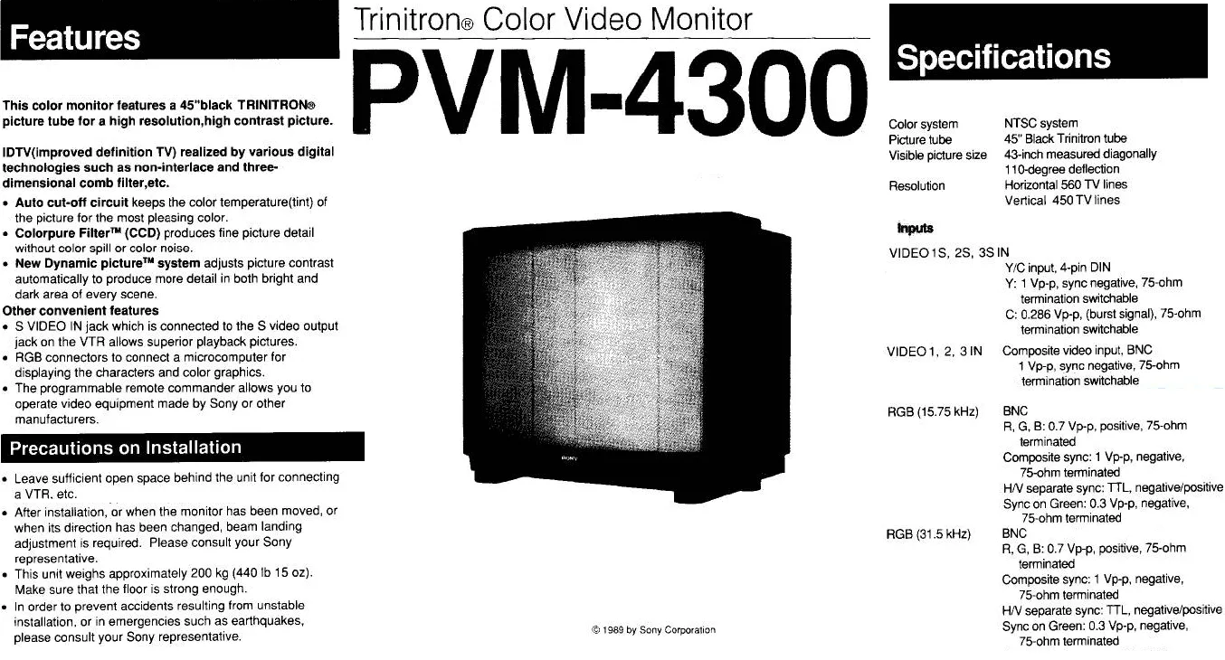 TV CRT Sony PVM chuyên nghiệp với thông số kỹ thuật
