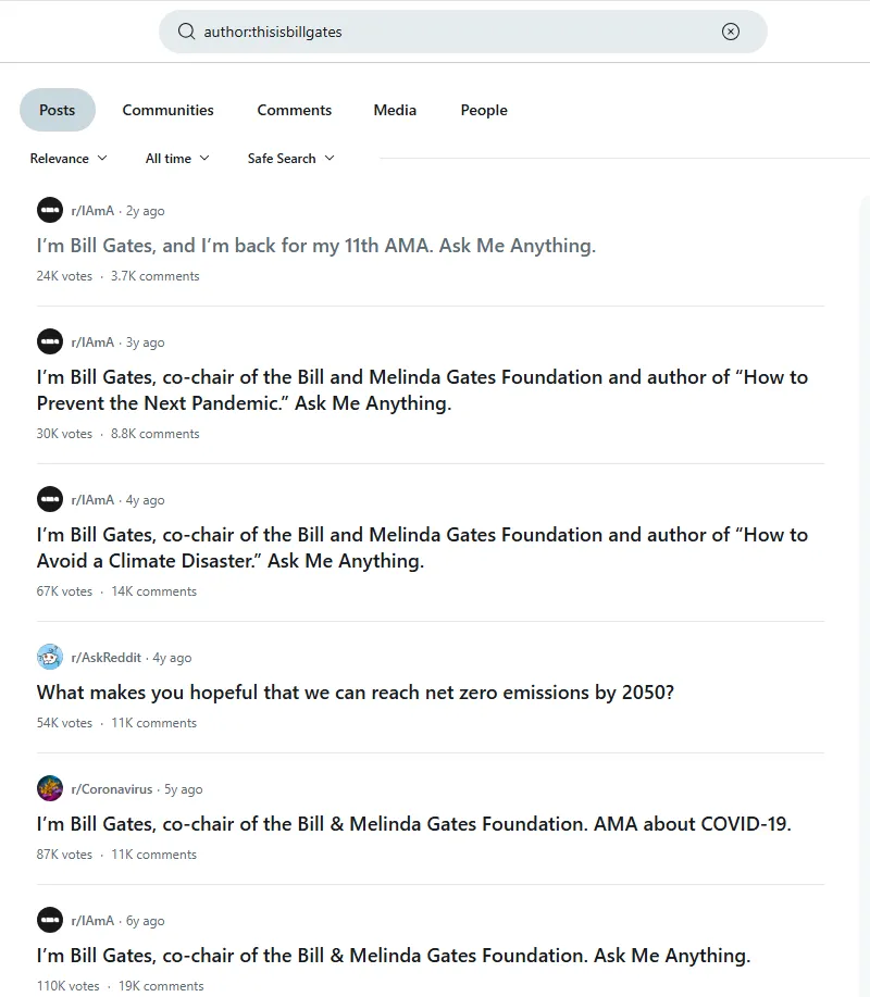 Ví dụ sử dụng modifier &quot;author&quot; trong tìm kiếm Reddit